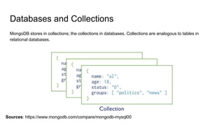 Databases and Collections
MongoDB stores in collections; the collections in databases. Collections are analogous to tables in
relational databases.
Sources: https://www.mongodb.com/compare/mongodb-mysql00
 