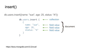 insert()
db.users.insert({name: "sue", age: 25, status: "A"})
https://docs.mongodb.com/v3.2/crud/
 
