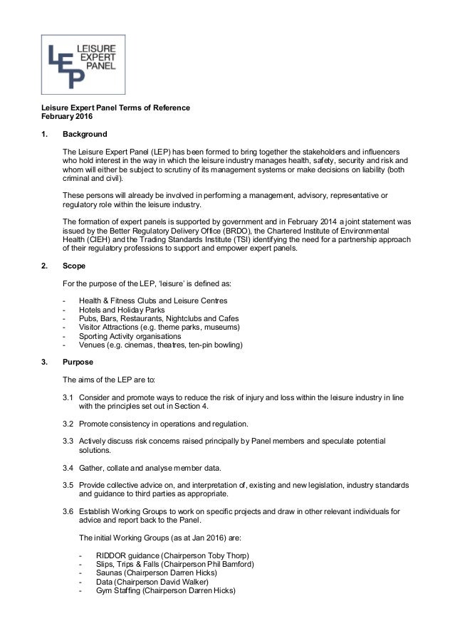 Leisure Expert Panel Terms of Reference February 2016 v4 Leisure Expert Panel Terms of Reference February 2016 v4