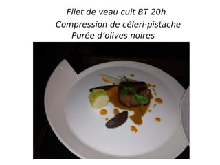 Filet de veau cuit BT 20h
Compression de céleri-pistache
Purée d’olives noires
 
