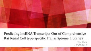 Predicting lncRNA Transcripts Out of Comprehensive
Rat Renal Cell type-specific Transcriptome Libraries
Gui Chen
11/20/2015
 