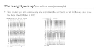What do we get by each step? (take multiexon transcripts as examples)
➤ Find transcripts are consistently and significantly expressed for all replicates in at least
one type of cell (fpkm > 0.1) 
 