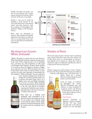 My American Cousin:
White Zinfandel
“White” Zinfandel, as a grape, does not exist. However,
WhiteZinfandel,theroséwine,isagianteconomicreality.
In the early 1970s, California had a lot of Zinfandel
vines, and there was stiff competition to make good
red Zinfandel. Bob Trinchero of Sutter Home decided
at one point to draw off (saignée) to produce a bigger,
more expressive red wine. With the almost clear juice
he had drawn off, he made an Oeil de Perdrix (a name
used for very pale rosés, especially in Switzerland), but
also labelled it “White Zinfandel,” because authorities
said it needed an English name. In the next
vintage, his rosé did not ferment all the way
to dryness and Sutter Home sold it as a
slightly sweet rosé—and White Zinfandel,
as we know it, was born. White Zinfandel
is lower alcohol and quite sweet compared
to the dry style typical of European
rosés; but the California native retains a
huge following, to the tune of more than
15 million cases each year.
Rosé wines are a building trend
worldwide, with consumption in the
Manitoba market increasing even faster.
It is no wonder: rosé is perfectly suited
to international cuisines and the simple
pleasures of informal entertaining. And a
hot summer calls for something cool in
the glass.
Shades of Rosé
The broad range of grape varieties used in producing
rosés, paired with how much they have drawn out
of their skins, lend to a broad palette of colours—
from lightest rose to salmon to a deep ruby—and an
impressive range of complexities and flavours. Here is
a starter kit for the new rosé lover!
Pale
Château Angueiroun 2013 Reserve Cuvée Virginie,
Provence AC, France ($26.99): This pale rosé is delicate
and dry, with elegant berry and floral notes. A
perfect choice for a summer
afternoon salad with greens, goat
cheese, and watermelon.
Caves de Lugny nv Crémant
de Bourgogne AC, France
($22.99): Beautifully pale and
delicate in colour, matched by
gorgeous aroma and flavours
of strawberries and bread. A
lively, clean Crémant rosé for
any celebration!
Pale/Medium
Innocent bystander nv
Moscato, Victoria, Australia
($11.99, 375 ml): From
the dark side of the Muscat
variety! As a very old grape
Freshly harvested red grapes can
also be put directly into a grape
presser, and pressed until the colour
intensity of the juice is just right.
Finally, a rosé can be made by
blending a small amount of red
wine with white wine to the desired
colour and style (however, with
the exception of Champagne, this
method is illegal in the European
Union.)
Most rosés are fermented to
dryness, then clarified and bottled
right away. The object is to offer up
rosé as a young, fresh, lively wine:
rosés are generally not intended for
long ageing.
www.banvilleandjones.com 23
CONTROLLED TEMPERATURE
WHITES
"BLANCS DE NOIR"
ROSÉS
FROM PRESSING
ROSÉS
FOR MACERATION
REDS
YOUNG
REDS
FOR AGING
FERMENTATION
ELIMINATIONSKINS
PULP
SKINS
VAT OR
BARREL
(JUICE)
PRESS
(JUICE + SKINS)
VAT
(JUICE + SKINS)
MACERATION
TIME-DEVATTING
MACERATION
Source:VinsdeProvence(www.vinsdeprovence.com)
 