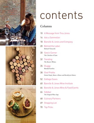 32
35
38
Columns
10  	A Message from Tina Jones
14  	Ask a Sommelier
18  	Banville & Jones and Company
20 	   Behind the Label
Bokisch Vineyards
30 	 Gary’s Corner
The Calculus of Taste
32 	 Trending
The Bizarro Whites
35 	 Gluggy	
Blended Families
38 	 Chef Profile	
Dustin Pajak, Mano a Mano and Brooklynn’s Bistro
52 	 Cottage Cases
60 	 Banville & Jones Wine Institute
64 	 Banville & Jones Wine & Food Events
66 	 Sidebar
The Original Wine App
68 	 Culinary Partners
69 	 Shopping List
70 	 Top Picks
contents
 