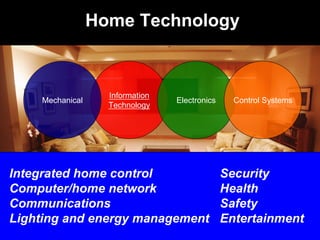 Home Technology
Information
Technology
Electronics Control SystemsMechanical
Integrated home control
Computer/home network
Communications
Lighting and energy management
Security
Health
Safety
Entertainment
 