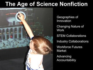 The Age of Science Nonfiction
Geographies of
Innovation
Changing Nature of
Work
STEM Collaborations
Industry Collaborations
Workforce Futures
Market
Advancing
Accountability
 