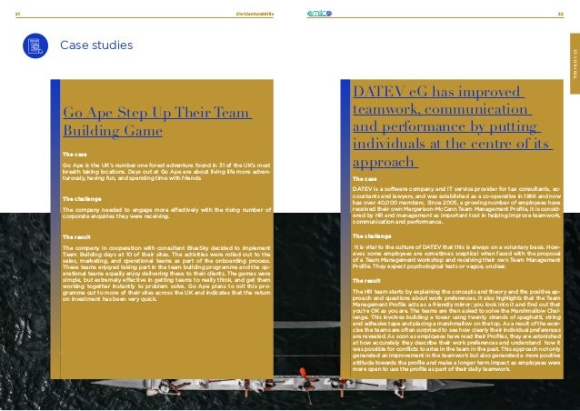 21stCenturySkills
21 22
TEAMWORK
Case studies
Go Ape Step Up Their Team
Building Game
The case
Go Ape is the UK’s number one forest adventure found in 31 of the UK’s most
breath taking locations. Days out at Go Ape are about living life more adven-
turously, having fun, and spending time with friends.
The challenge
The company needed to engage more effectively with the rising number of
corporate enquiries they were receiving.
The result
The company in cooperation with consultant BlueSky decided to implement
Team Building days at 10 of their sites. The activities were rolled out to the
sales, marketing, and operational teams as part of the onboarding process.
These teams enjoyed taking part in the team building programme and the op-
erational teams equally enjoy delivering these to their clients. The games were
simple, but extremely effective in getting teams to really think, and get them
working together instantly to problem solve. Go Ape plans to roll this pro-
gramme out to more of their sites across the UK and indicates that the return
on investment has been very quick.
DATEV eG has improved
teamwork, communication
and performance by putting
individuals at the centre of its
approach
The case
DATEV is a software company and IT service provider for tax consultants, ac-
countants and lawyers, and was established as a co-operative in 1966 and now
has over 40,000 members. Since 2005, a growing number of employees have
received their own Margerison-McCann Team Management Profile, it is consid-
ered by HR and management as important tool in helping improve teamwork,
communication and performance.
The challenge
It is vital to the culture of DATEV that this is always on a voluntary basis. How-
ever, some employees are sometimes sceptical when faced with the proposal
of a Team Management workshop and receiving their own Team Management
Profile. They expect psychological tests or vague, unclear.
The result
The HR team starts by explaining the concepts and theory and the positive ap-
proach and questions about work preferences. It also highlights that the Team
Management Profile acts as a friendly mirror: you look into it and find out that
you’re OK as you are. The teams are then asked to solve the Marshmallow Chal-
lenge. This involves building a tower using twenty strands of spaghetti, string
and adhesive tape and placing a marshmallow on the top. As a result of the exer-
cise the teams are often surprised to see how clearly their individual preferences
are revealed. As soon as employees have read their Profiles, they are astonished
at how accurately they describe their work preferences and understand how it
was possible for conflicts to arise in the team in the past. This approach not only
generated an improvement in the teamwork but also generated a more positive
attitude towards the profile and make a longer term impact as employees were
mere open to use the profile as part of their daily teamwork.
 