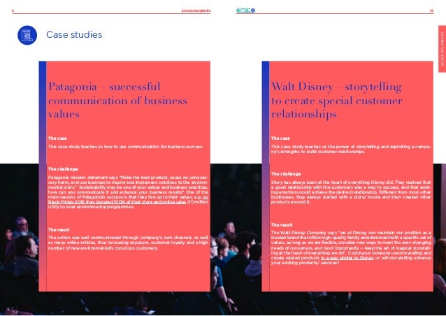 21stCenturySkills
9 10
COMMUNICATION
Case studies
Patagonia – successful
communication of business
values
The case
This case study teaches us how to use communication for business success.
The challenge
Patagonia mission statement says “Make the best product, cause no unneces-
sary harm, and use business to inspire and implement solutions to the environ-
mental crisis.” Sustainability may be one of your values and business practices,
how can you communicate it and enhance your business results? One of the
main reasons of Patagonia’s success is that they live up to their values, e.g. on
Black Friday 2016 they donated 100% of their store and online sales (10 million
USD) to local environmental programmes.
The result
The action was well communicated through company’s own channels, as well
as many online articles, thus increasing exposure, customer loyalty and a high
number of new environmentally conscious customers.
Walt Disney – storytelling
to create special customer
relationships
The case
This case study teaches us the power of storytelling and exploiting a compa-
ny’s strengths to build customer relationships.
The challenge
Story has always been at the heart of everything Disney did. They realised that
a good relationship with the customers was a way to success, and that evok-
ing emotions could achieve the desired relationship. Different from most other
businesses, they always started with a story/ movie and then created other
products around it.
The result
The Walt Disney Company says “we at Disney can maintain our position as a
trusted brand that offers high-quality family entertainment with a specific set of
values, as long as we are flexible, consider new ways to meet the ever-changing
needs of consumers, and most importantly — keep the art of magical storytell-
ing at the heart of everything we do”. Could your company use storytelling and
create related products in a way similar to Disney, or will storytelling enhance
your existing products/ services?
 