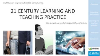 21 CENTURY LEARNING AND
TEACHING PRACTICE
Overview
Grounding
and context
Learning and
teaching
practice
Constraints
Conclusion
VET/RTO Leaders Congress. EduTECH2017, Sydney, Australia.
Ralph Springett, Learning Technologies, WelTec and Whitireia.
 
