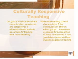 Culturally Responsive
Teaching
Our goal is to infuse the cultural characteristics, experiences
and perspectives of ethnically diverse students as
conduits for teaching them more effectively.
While understanding cultural characteristics & the contributions
of different ethnic groups… Awareness of, respect for &
recognition of those contributions in how you deliver content
and keep students engaged in learning
Designed by Camp Tech Inc
 