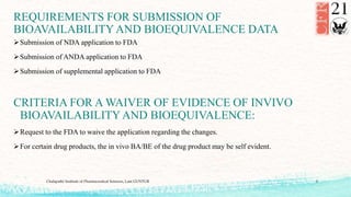REQUIREMENTS FOR SUBMISSION OF
BIOAVAILABILITYAND BIOEQUIVALENCE DATA
Submission of NDA application to FDA
Submission of...