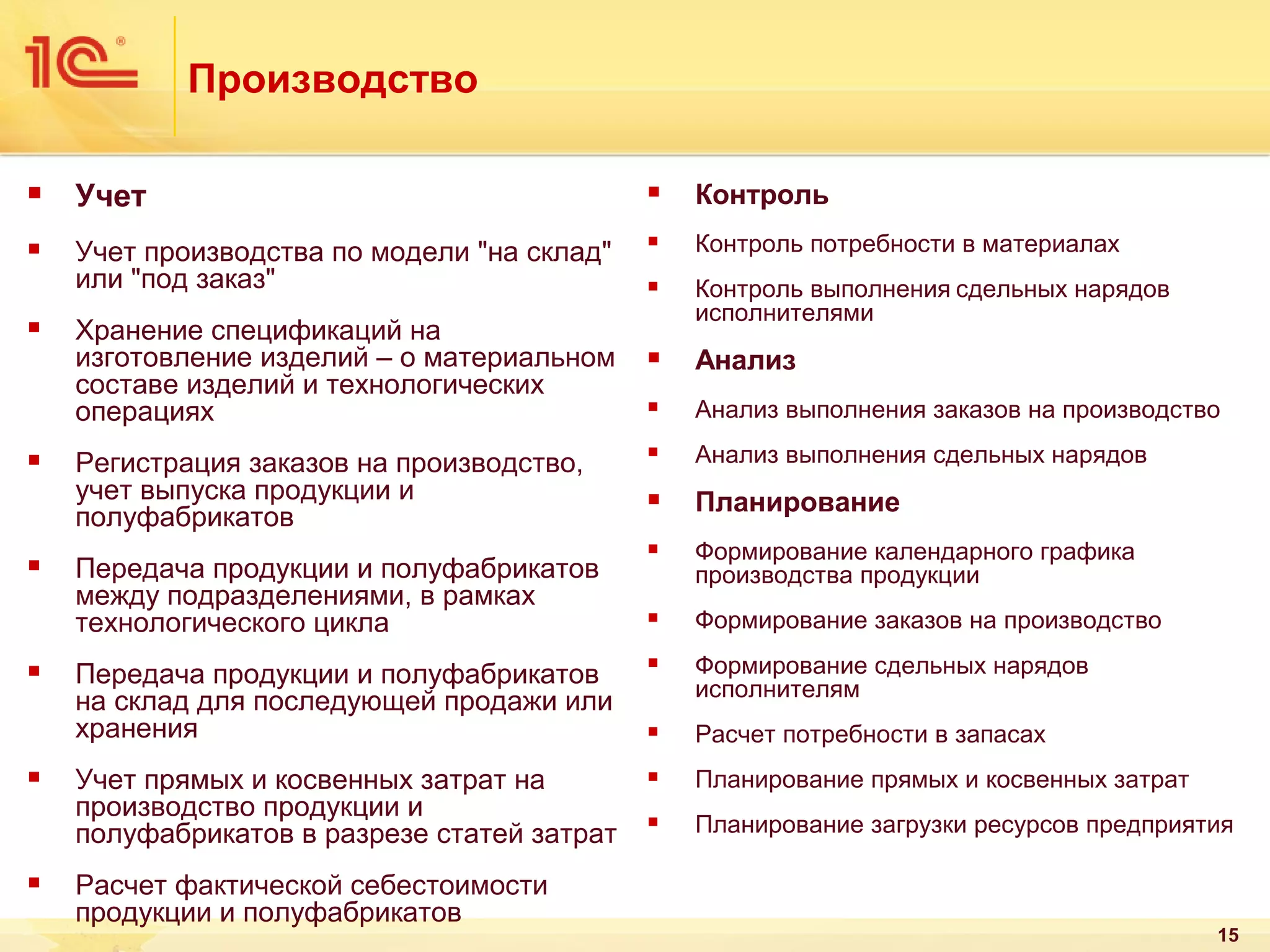 Производство


Учет



Контроль



Учет производства по модели "на склад"
или "под заказ"



Контроль потребности в материалах



Контроль выполнения сдельных нарядов
исполнителями



Анализ



Анализ выполнения заказов на производство



Анализ выполнения сдельных нарядов



Планирование



Формирование календарного графика
производства продукции



Формирование заказов на производство

Передача продукции и полуфабрикатов
на склад для последующей продажи или
хранения



Формирование сдельных нарядов
исполнителям



Расчет потребности в запасах

Учет прямых и косвенных затрат на
производство продукции и
полуфабрикатов в разрезе статей затрат



Планирование прямых и косвенных затрат



Планирование загрузки ресурсов предприятия













Хранение спецификаций на
изготовление изделий – о материальном
составе изделий и технологических
операциях
Регистрация заказов на производство,
учет выпуска продукции и
полуфабрикатов
Передача продукции и полуфабрикатов
между подразделениями, в рамках
технологического цикла

Расчет фактической себестоимости
продукции и полуфабрикатов

15

 