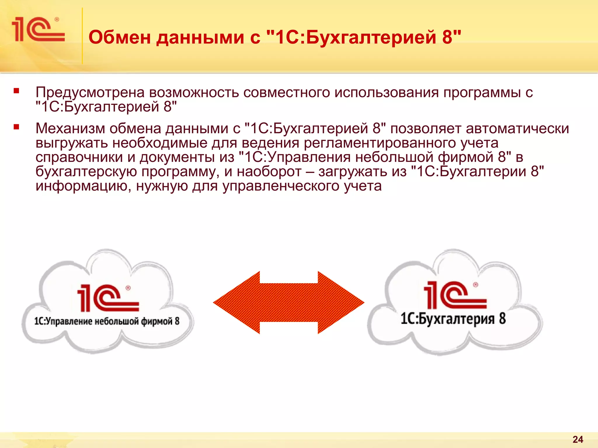 Обмен данными с "1С:Бухгалтерией 8"




Предусмотрена возможность совместного использования программы с
"1С:Бухгалтерией 8"
Механизм обмена данными с "1С:Бухгалтерией 8" позволяет автоматически
выгружать необходимые для ведения регламентированного учета
справочники и документы из "1С:Управления небольшой фирмой 8" в
бухгалтерскую программу, и наоборот – загружать из "1С:Бухгалтерии 8"
информацию, нужную для управленческого учета

24

 
