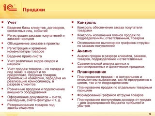 Продажи


Учет



Контроль



Ведение базы клиентов, договоров,
контактных лиц, событий
Регистрация заказов покупателей и
заказов-нарядов
Объединение заказов в проекты
Регистрация и хранение
номенклатуры товаров
Ведение прайс-листа
Учет различных видов скидок и
наценок
Учет продаж товаров – со склада и
под заказ, в кредит и по
предоплате, продажа товаров,
принятых на комиссию, передача на
реализацию комиссионеру, в
разрезе клиентов
Розничные продажи и подключение
внешнего оборудования
Оформление документов – счета,
накладные, счета-фактуры и т. д.
Резервирование товаров под
заказы клиентов



Контроль обеспечения заказа покупателя
товарами
Контроль исполнения планов продаж по
подразделениям, ответственным, товарам
Отслеживание выполнения графиков отгрузки
по заказам покупателей























Анализ



Анализ продаж в разрезе клиентов, заказов,
товаров, подразделений и ответственных
Сравнительный анализ данных о
запланированных и фактических продажах





Планирование



Планирование продаж – в натуральном и
стоимостном выражении, как по предприятию в
целом, так и по подразделениям
Планирование продаж по отдельным товарным
позициям
Формирование графиков отгрузки товаров
Планирование поступления доходов от продаж
– для формирования бюджета прибылей и
убытков






12

 
