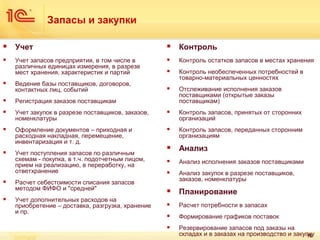 Запасы и закупки


Учет



Контроль



Учет запасов предприятия, в том числе в
различных единицах измерения, в разрезе
мест хранения, характеристик и партий



Контроль остатков запасов в местах хранения



Контроль необеспеченных потребностей в
товарно-материальных ценностях



Отслеживание исполнения заказов
поставщиками (открытые заказы
поставщикам)



Ведение базы поставщиков, договоров,
контактных лиц, событий



Регистрация заказов поставщикам



Учет закупок в разрезе поставщиков, заказов,
номенклатуры



Контроль запасов, принятых от сторонних
организаций



Оформление документов – приходная и
расходная накладная, перемещение,
инвентаризация и т. д.



Контроль запасов, переданных сторонним
организациям



Анализ



Анализ исполнения заказов поставщиками



Анализ закупок в разрезе поставщиков,
заказов, номенклатуры



Планирование



Расчет потребности в запасах



Формирование графиков поставок



Резервирование запасов под заказы на
складах и в заказах на производство и закупку
16







Учет поступления запасов по различным
схемам - покупка, в т.ч. подотчетным лицом,
прием на реализацию, в переработку, на
ответхранение
Расчет себестоимости списания запасов
методом ФИФО и "средней"
Учет дополнительных расходов на
приобретение – доставка, разгрузка, хранение
и пр.

 