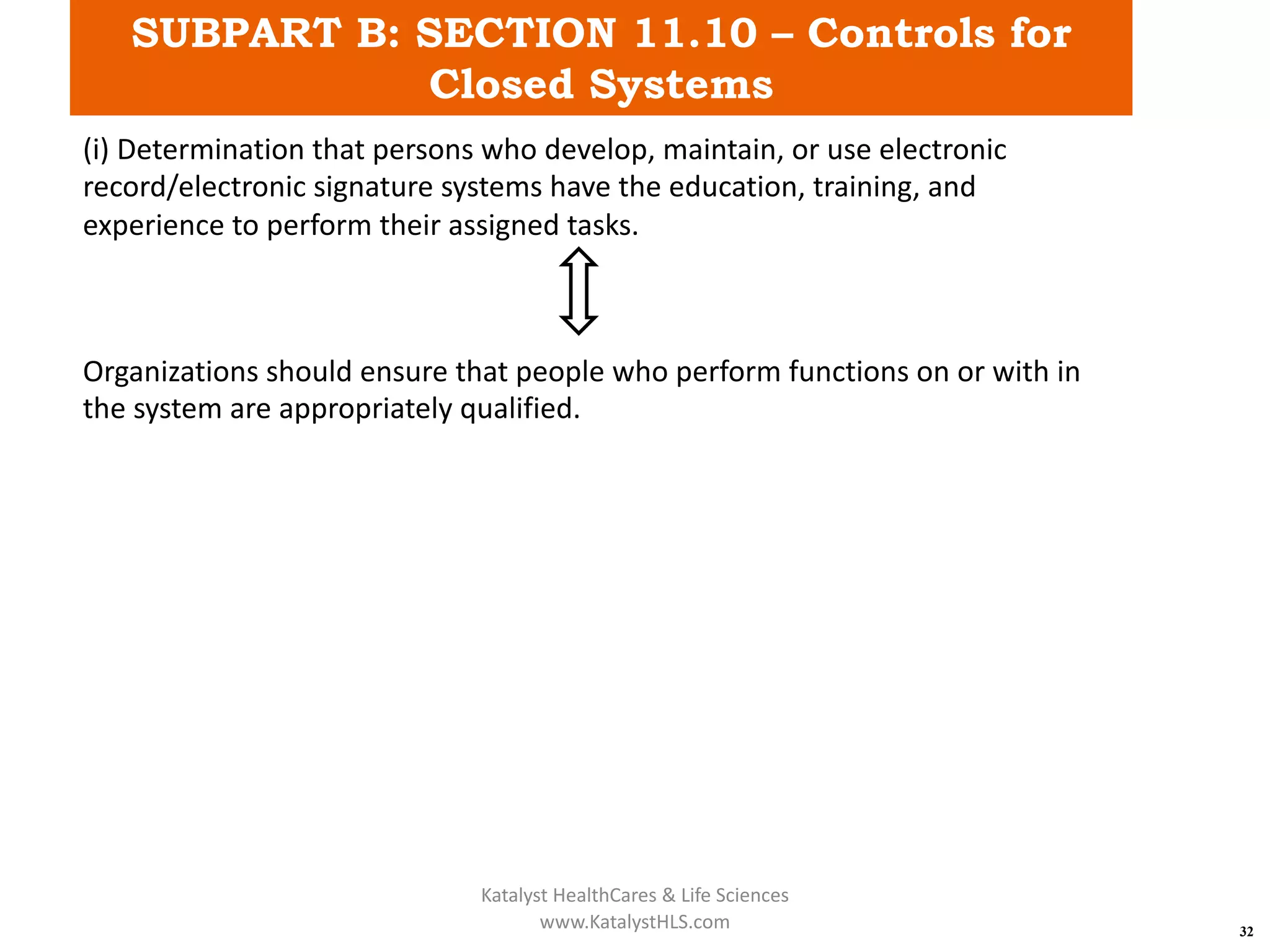 SUBPART B: SECTION 11.10 – Controls for
Closed Systems
32
(i) Determination that persons who develop, maintain, or use electronic
record/electronic signature systems have the education, training, and
experience to perform their assigned tasks.
Organizations should ensure that people who perform functions on or with in
the system are appropriately qualified.
Katalyst HealthCares & Life Sciences
www.KatalystHLS.com
 
