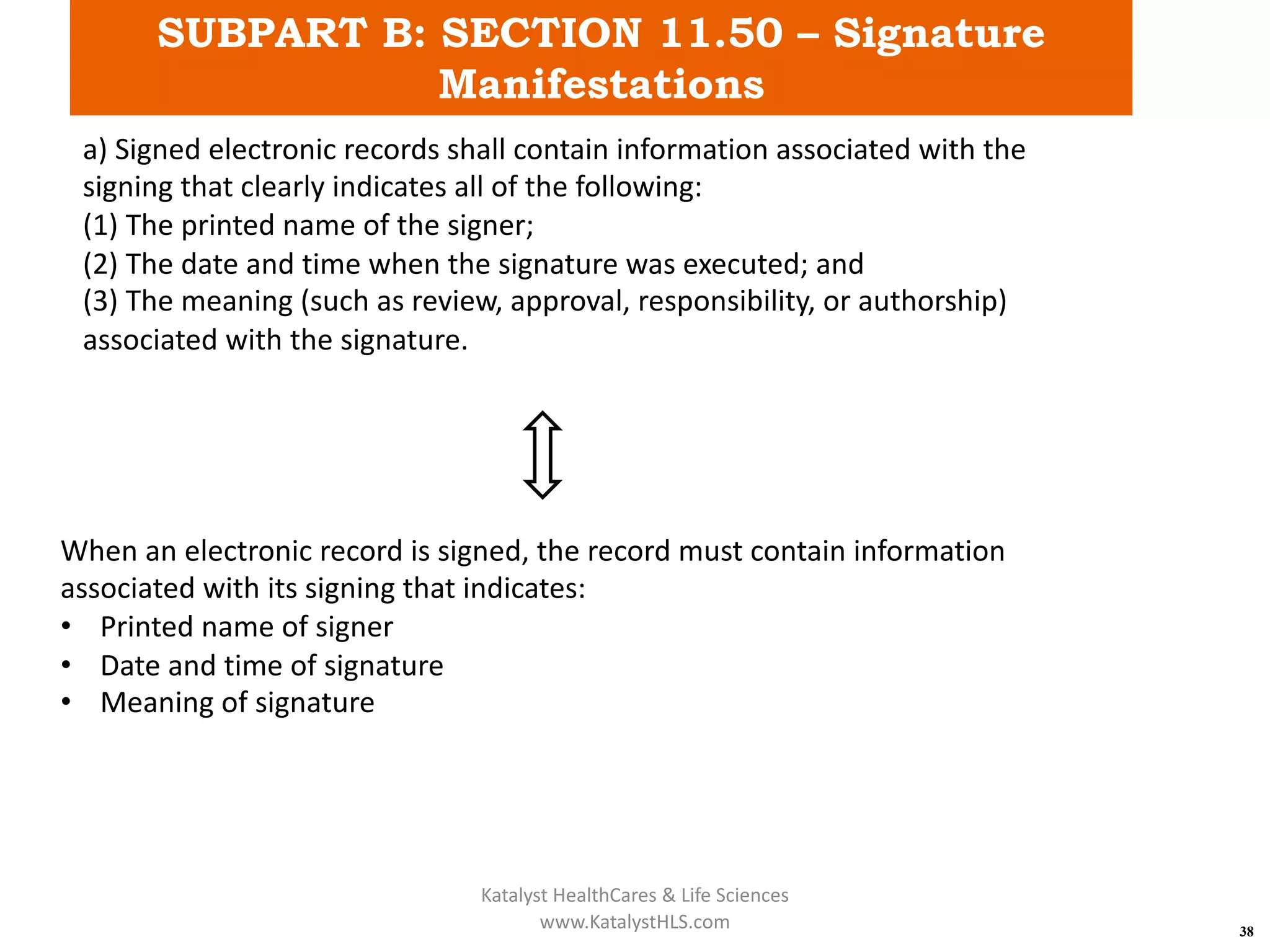 SUBPART B: SECTION 11.50 – Signature
Manifestations
38
a) Signed electronic records shall contain information associated with the
signing that clearly indicates all of the following:
(1) The printed name of the signer;
(2) The date and time when the signature was executed; and
(3) The meaning (such as review, approval, responsibility, or authorship)
associated with the signature.
When an electronic record is signed, the record must contain information
associated with its signing that indicates:
• Printed name of signer
• Date and time of signature
• Meaning of signature
Katalyst HealthCares & Life Sciences
www.KatalystHLS.com
 
