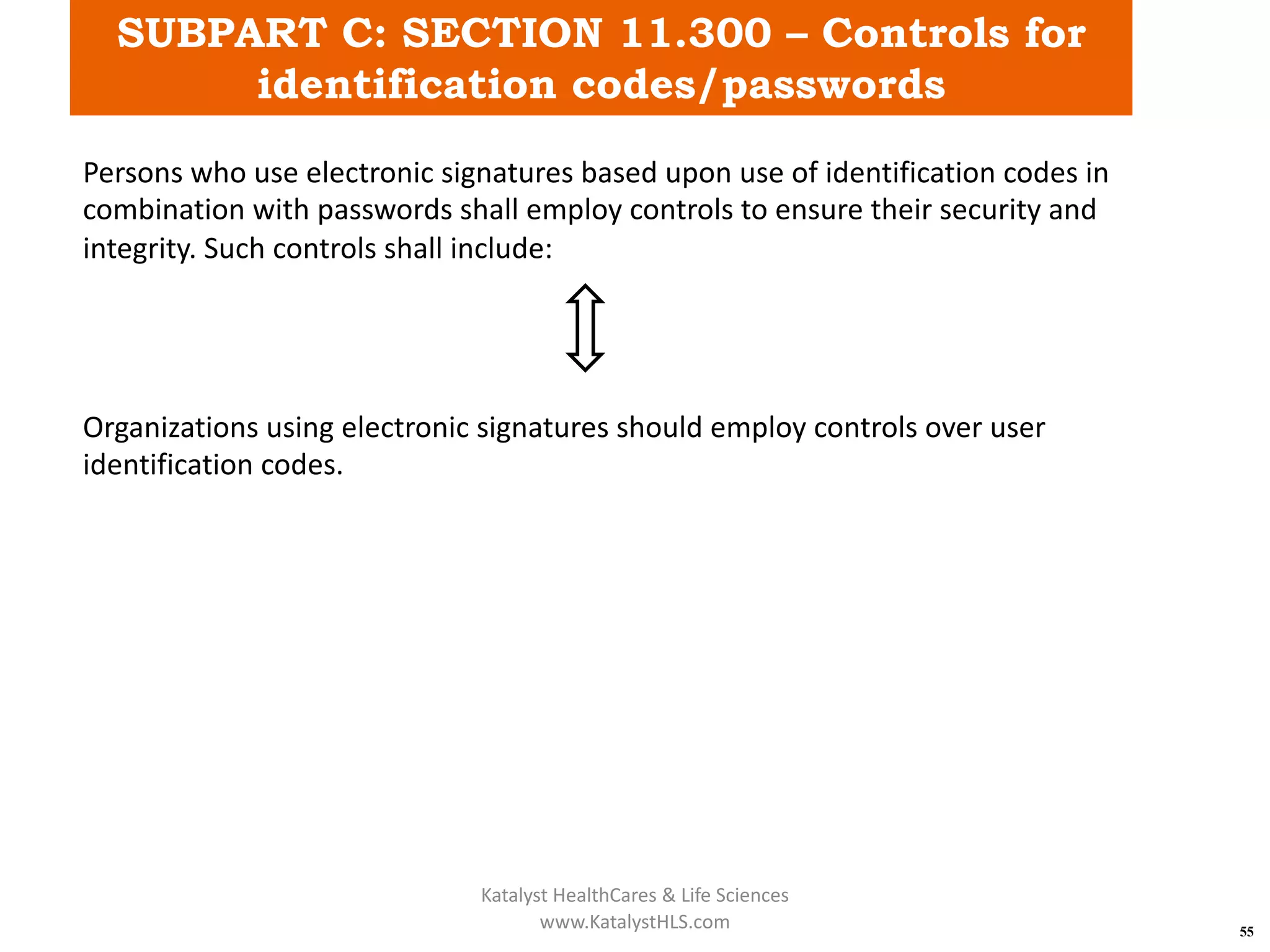 SUBPART C: SECTION 11.300 – Controls for
identification codes/passwords
55
Persons who use electronic signatures based upon use of identification codes in
combination with passwords shall employ controls to ensure their security and
integrity. Such controls shall include:
Organizations using electronic signatures should employ controls over user
identification codes.
Katalyst HealthCares & Life Sciences
www.KatalystHLS.com
 