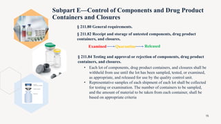§ 211.80 General requirements.
§ 211.82 Receipt and storage of untested components, drug product
containers, and closures.
Examined
Subpart E—Control of Components and Drug Product
Containers and Closures
§ 211.84 Testing and approval or rejection of components, drug product
containers, and closures.
• Each lot of components, drug product containers, and closures shall be
withheld from use until the lot has been sampled, tested, or examined,
as appropriate, and released for use by the quality control unit.
• Representative samples of each shipment of each lot shall be collected
for testing or examination. The number of containers to be sampled,
and the amount of material to be taken from each container, shall be
based on appropriate criteria
15
Quarantine Released
 