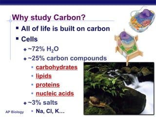 Why study Carbon?All of life is built on carbon Cells~72% H2O ~25% carbon compoundscarbohydrateslipidsproteins nucleic acids~3% salts Na, Cl, K…