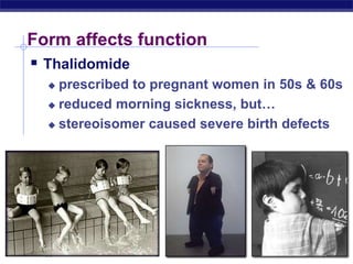 Form affects functionThalidomide prescribed to pregnant women in 50s & 60s reduced morning sickness, but…stereoisomer caused severe birth defects