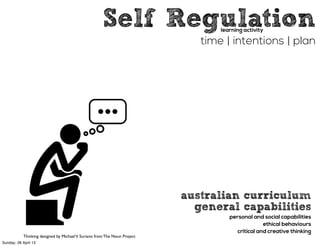 Self Regulation
time | intentions | plan
learning activity
Thinking designed by MichaelV. Suriano from The Noun Project
australian curriculum
general capabilities
personal and social capabilities
ethical behaviours
critical and creative thinking
Sunday, 28 April 13
 