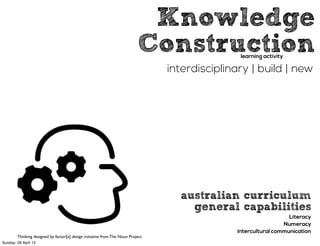 Knowledge
Construction
interdisciplinary | build | new
learning activity
Thinking designed by factor[e] design initiative from The Noun Project
australian curriculum
general capabilities
Literacy
Numeracy
intercultural communication
Sunday, 28 April 13
 