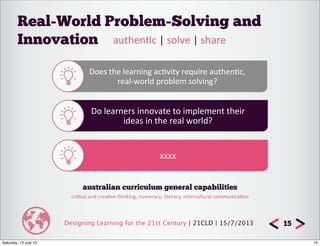 Designing Learning for the 21st Century | 21CLD | 15/7/2013
Real-World Problem-Solving and
Innovation
15
authen7c	
  |	
  solve	
  |	
  share
Does	
  the	
  learning	
  ac8vity	
  require	
  authen8c,
real-­‐world	
  problem	
  solving?
Do	
  learners	
  innovate	
  to	
  implement	
  their
ideas	
  in	
  the	
  real	
  world?
xxxx
australian curriculum general capabilities
cri8cal	
  and	
  crea8ve	
  thinking,	
  numeracy,	
  literacy,	
  intercultural	
  communica8on
15Saturday, 13 July 13
 
