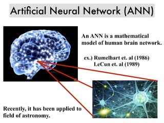 Artiﬁcial Neural Network (ANN)
An ANN is a mathematical
model of human brain network.
ex.) Rumelhart et. al (1986)
LeCun et. al (1989)
Recently, it has been applied to
field of astronomy.
 