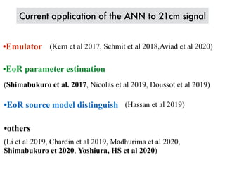 Current application of the ANN to 21cm signal
•Emulator
•EoR parameter estimation
•EoR source model distinguish (Hassan et al 2019)
•others
(Li et al 2019, Chardin et al 2019, Madhurima et al 2020,
Shimabukuro et 2020, Yoshiura, HS et al 2020)
(Kern et al 2017, Schmit et al 2018,Aviad et al 2020)
(Shimabukuro et al. 2017, Nicolas et al 2019, Doussot et al 2019)
 