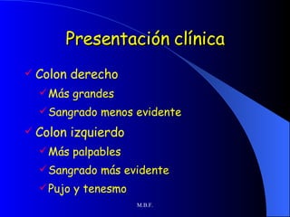 Presentación clínica Colon derecho Más grandes Sangrado menos evidente Colon izquierdo Más palpables Sangrado más evidente Pujo y tenesmo 