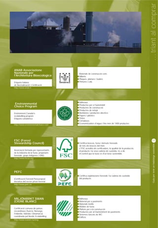… triant al comprar
ANAB Associazione
Nazionale per                                Materials de construcció com:
l'Architettura Bioecologica                ■ Aïllants
                                           ■ Plaques, planxes i taulers
Etiqueta italiana                          ■ Pintures i calç
de Normalització i Certificació
http://www.anab.it




                                           ■ Adhesius
Environnmental                             ■ Productes per a l'automòbil
Choice Program                             ■ Productes de construcció
                                           ■ Productes de neteja
Environment Canada's                       ■ Bombetes i productes elèctrics
ecolabelling program                       ■ Papers i plàstics
Etiqueta canadenca                         ■ Tintes
                                           ■ Cel·luloses
                                           ■ Economitzadors d'aigua i fins més de 1400 productes
http://www.environmentalchoice.com




FSC (Forest                                                                                                        37
Stewardship Council)                       ■ Certifica boscos, fusta i derivats forestals



                                                                                                                    Guia per tenir un habitatge sostenible
                                             de tots els boscos del món.
                                             L'FSC acredita els certificadors, la qualitat de la producció,
Associació formada per representants         el producte i la seva cadena de custòdia, és a dir,
de la indústria de la fusta, propietaris     el control que la fusta ve d'un bosc sostenible.
forestals, grups indígenes i ONG
http://www.fscus.org




PEFC
                                           ■ Certifica explotacions forestals i la cadena de custòdia
(Certificació Forestal Paneuropea)           del producte.
Iniciativa del sector privat forestal
http://www.pefc.es




MILJÖMÄRKT SWAN                            ■ Adhesius
(CIGNE BLANC)                              ■ Material per a paviments
                                           ■ Materials tèxtils
                                           ■ Mobles de fusta
Certificació comuna als països             ■ Plafons per a la construcció
escandinaus (Suècia, Noruega,              ■ Productes per al manteniment de paviments
Finlàndia, Islàndia i Dinamarca)           ■ Sistemes tancats de WC
coordinada pel Nordic Ecolabelling         ■ Edificis
http://www.svanen.nu/eng
 