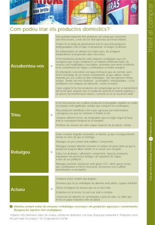 …triant al comprar
Com podeu triar els productes domèstics?
                                        Una quantitat important dels productes de neteja que s'anuncien
                                        són innecessaris, a més de ser molt agressius pel medi ambient.
                                        Podem fer la neteja de pràcticament tota la casa amb productes
                                        biodegradables com el sabó, el bicarbonat, el vinagre i la llimona.
                                        Els ambientadors no eliminen les males olors, les amaguen
                                        temporalment al desprendre olors més fortes.
                                        Hi ha nombrosos productes amb etiquetes ecològiques que ens
                                        asseguren que el que comprem té un impacte ambiental reduït, els
                                        envasos són reutilitzables o reciclables, presenten una menor incidència
Assabenteu-vos                      >   en la contaminació de l'aigua i contribueixen a l'estalvi energètic.
                                        Els detergents concentrats són igual d'eficaços que els normals, però
                                        tenen l'avantatge de ser menys contaminants, ja que utilitzen menys
                                        materials per a la confecció dels embalatges, i per tant generen menys
                                        residus. També són més fàcilment acumulables i transportables, i si els
                                        dosifiquem com indiquen els fabricants, costen el mateix.
                                        Cada vegada hi ha més productes de compostatge per fer el manteniment
                                        del vostre jardí. Aquests són el resultat de sotmetre la matèria orgànica a
                                        un procés de transformació natural, i convertir-se en un excel·lent adob


                                        El fet d'acostumar-nos a utilitzar productes recarregables significa un estalvi
                                        en envasos molt significatiu, sempre que comprem les recàrregues.
                                        Trieu productes identificats com a poc agressius pel medi ambient,
                                        i assegureu-vos que no contenen ni fosfats ni clor.
Trieu                               >




                                                                                                                                Productes de casa
                                        Compreu aliments frescs, de temporada i que no hagin vingut de lluny
                                        amb la conseqüent despesa en el transport.
                                        Prioritzeu els envasos de vidre i paper respecte els de plàstic i metall.


                                        Eviteu comprar begudes envasades en llaunes, ja que, incongruentment,
                                        l'envàs és més car que el contingut.
                                                                                                                               47
                                        Rebutgeu els pre-cuinats amb additius i conservants.


                                                                                                                                Guia per tenir un habitatge sostenible
                                        Rebutgeu comprar aliments envasats en safates de pòrex blanc ja que la
                                        producció d'aquest aïllant sintètic té un elevat cost energètic.
Rebutgeu                            >   Eviteu l'ús de lleixius, salfumants i neteja-forns. Aquests productes
                                        impedeixen els processos biològics de depuració de l'aigua,
                                        a més de ser perillosos.
                                        Rebutgeu aerosols i productes amb gasos CFC i altres gasos nocius
                                        que contribueixen a l'efecte hivernacle. Acostumeu-vos a utilitzar
                                        polvoritzadors recarregables.


                                        Compreu al pes sempre que pugueu.
                                        Demaneu que no us emboliquin els aliments amb plàstic o paper d'alumini.
                                        Torneu al botiguer les bosses que no us facin falta.
Actueu                              >
                                        Emporteu-vos la bossa i el carro per anar a comprar.
                                        Conserveu els aliments en carmanyoles o pots de vidre, és millor que
                                        fer-ho en paper d'alumini o film de plàstic.

!   Intenteu sempre evitar els envasos i embalatges excessius i els productes agressius i contaminants.
    Busqueu les opcions més ecològiques.
Trobareu més informació sobre els residus i productes domèstics a la Guia d'educació ambiental 4 “Propostes senzi-
lles per reduir els residus” i 16 “Ecoproductes a la llar”
 