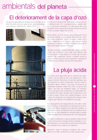 ambientals del planeta
     El deteriorament de la capa d’ozó
 Els gasos responsables de la destrucció de la capa d'ozó    El Protocol de Montreal del 1996 va ser el primer pas per
 dels Pols (tant nord com sud) són els clorofluorocarburs,   a l'eliminació dels CFC, i actualment ja no es poden utilit-
 en les diverses variants (CFC, halons, HCFC...).            zar en processos industrials, tot i que alguns dels seus
                                                             substituts (amb un potencial de destrucció de l'ozó menor)
                                                             encara es podran utilitzar fins al 2010.

                                                             En els edificis, els CFC, es van utilitzar profusament en la
                                                             producció d'aïllants i com a gasos refrigerants dels siste-
                                                             mes d'aire condicionat. També els podem trobar com a
                                                             gasos refrigerants de les neveres. Una aplicació menys
                                                             habitual és en extintors i sistemes d'extinció d'incendis en
                                                             sales amb material elèctric o informàtic.

                                                             Així doncs, tot i que és gairebé impossible adquirir nous pro-
                                                             ductes que continguin o que hagin estat fabricats amb




                                                                                                                                  Els grans problemes mediambientals del planeta
                                                             aquests gasos, cal que tinguem en compte que els antics
                                                             aparells d'aire condicionat, neveres o extintors encara en
                                                             poden contenir, i que per a la seva substitució, manteniment
                                                             o eliminació cal contactar amb personal especialitzat.




                                                                       La pluja àcida
                                                             Les causes de la pluja àcida són les emissions de conta-
                                                             minants, com els òxids de sofre i de nitrogen (SO2 i NO2).
                                                             Aquests elements intervenen en reaccions químiques que
                                                             els transformen en altres contaminants. Quan es troben a
                                                             l'atmosfera agents oxidants, com l'ozó, en presència de
                                                             catalitzadors adequats, oxiden l'SO2 i l'NO2 i es genera àcid                7




                                                                                                                                  Guia per tenir un habitatge sostenible
                                                             sulfúric i àcid nítric que acidifiquen l'aigua. Les emissions
                                                             com a conseqüència de combustions de combustibles fòs-
                                                             sils (derivats del carbó i petroli) a altes temperatures (com
                                                             les que es duen a terme a les centrals tèrmiques i en els
                                                             motors de combustió) són la principal font d'aquests tipus
                                                             de gasos que influeixen en l'acidificació de la pluja.

                                                             Les conseqüències de la pluja àcida són, entre altres, l'acidi-
                                                             ficació dels llacs i embassaments, la destrucció de boscos,
                                                             l'erosió dels edificis i perjudicis en la salut dels ciutadans. La
                                                             pluja àcida té greus conseqüències per a la vegetació de les
                                                             zones on cau amb regularitat (un exemple proper el podem
                                                             trobar als voltants de la central tèrmica de Cercs al Berguedà).

                                                             Els edificis contribueixen a aquest problema indirectament
                                                             a través del consum d'energia elèctrica produïda en cen-
                                                             trals tèrmiques, i en una menor escala a través dels gasos
                                                             de combustió de les calderes de calefacció.

                                                             Novament, reduir la despesa energètica dels nostres
                                                             edificis és la millor contribució per reduir la pluja àcida.
 