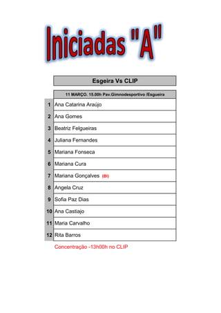 Esgeira Vs CLIP

       11 MARÇO. 15.00h Pav.Gimnodesportivo /Esgueira

1 Ana Catarina Araújo

2 Ana Gomes

3 Beatriz Felgueiras

4 Juliana Fernandes

5 Mariana Fonseca

6 Mariana Cura

7 Mariana Gonçalves     (BI)

8 Angela Cruz

9 Sofia Paz Dias

10 Ana Castiajo

11 Maria Carvalho

12 Rita Barros

   Concentração -13h00h no CLIP
 