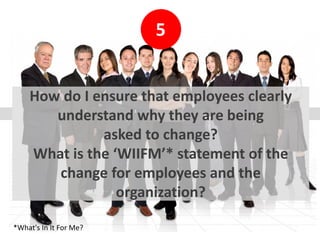 How can I best align
the workforce to be
accountable and
support the change?
6
 