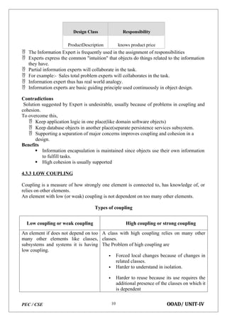 PEC / CSE OOAD/ UNIT-IV
10
Design Class Responsibility
ProductDescription knows product price
 The Information Expert is frequently used in the assignment of responsibilities
 Experts express the common "intuition" that objects do things related to the information
they have.
 Partial information experts will collaborate in the task.
 For example:- Sales total problem experts will collaborates in the task.
 Information expert thus has real world analogy.
 Information experts are basic guiding principle used continuously in object design.
Contradictions
Solution suggested by Expert is undesirable, usually because of problems in coupling and
cohesion.
To overcome this,
 Keep application logic in one place(like domain software objects)
 Keep database objects in another place(separate persistence services subsystem.
 Supporting a separation of major concerns improves coupling and cohesion in a
design.
Benefits
 Information encapsulation is maintained since objects use their own information
to fulfill tasks.
 High cohesion is usually supported
4.3.3 LOW COUPLING
Coupling is a measure of how strongly one element is connected to, has knowledge of, or
relies on other elements.
An element with low (or weak) coupling is not dependent on too many other elements.
Types of coupling
Low coupling or weak coupling High coupling or strong coupling
An element if does not depend on too
many other elements like classes,
subsystems and systems it is having
low coupling.
A class with high coupling relies on many other
classes.
The Problem of high coupling are
 Forced local changes because of changes in
related classes.
 Harder to understand in isolation.
 Harder to reuse because its use requires the
additional presence of the classes on which it
is dependent
 
