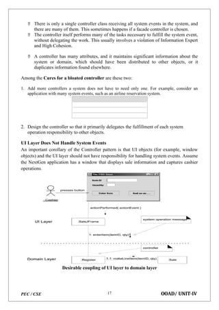 PEC / CSE OOAD/ UNIT-IV
17
 There is only a single controller class receiving all system events in the system, and
there are many of them. This sometimes happens if a facade controller is chosen.
 The controller itself performs many of the tasks necessary to fulfill the system event,
without delegating the work. This usually involves a violation of Information Expert
and High Cohesion.
 A controller has many attributes, and it maintains significant information about the
system or domain, which should have been distributed to other objects, or it
duplicates information found elsewhere.
Among the Cures for a bloated controller are these two:
1. Add more controllers a system does not have to need only one. For example, consider an
application with many system events, such as an airline reservation system.
2. Design the controller so that it primarily delegates the fulfillment of each system
operation responsibility to other objects.
UI Layer Does Not Handle System Events
An important corollary of the Controller pattern is that UI objects (for example, window
objects) and the UI layer should not have responsibility for handling system events. Assume
the NextGen application has a window that displays sale information and captures cashier
operations.
Desirable coupling of UI layer to domain layer
 