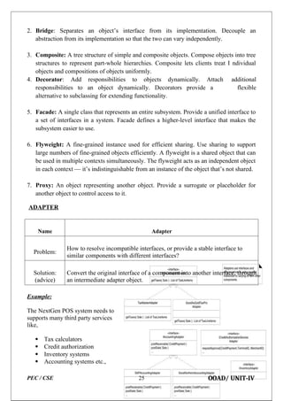 25 OOAD/ UNIT-IV
2. Bridge: Separates an object’s interface from its implementation. Decouple an
abstraction from its implementation so that the two can vary independently.
3. Composite: A tree structure of simple and composite objects. Compose objects into tree
structures to represent part-whole hierarchies. Composite lets clients treat I ndividual
objects and compositions of objects uniformly.
4. Decorator: Add responsibilities to objects dynamically. Attach additional
responsibilities to an object dynamically. Decorators provide a flexible
alternative to subclassing for extending functionality.
5. Facade: A single class that represents an entire subsystem. Provide a unified interface to
a set of interfaces in a system. Facade defines a higher-level interface that makes the
subsystem easier to use.
6. Flyweight: A fine-grained instance used for efficient sharing. Use sharing to support
large numbers of fine-grained objects efficiently. A flyweight is a shared object that can
be used in multiple contexts simultaneously. The flyweight acts as an independent object
in each context — it’s indistinguishable from an instance of the object that’s not shared.
7. Proxy: An object representing another object. Provide a surrogate or placeholder for
another object to control access to it.
ADAPTER
Name Adapter
Problem:
How to resolve incompatible interfaces, or provide a stable interface to
similar components with different interfaces?
Solution:
(advice)
Convert the original interface of a component into another interface, through
an intermediate adapter object.
Example:
The NextGen POS system needs to
supports many third party services
like,
 Tax calculators
 Credit authorization
 Inventory systems
 Accounting systems etc.,
PEC / CSE
 