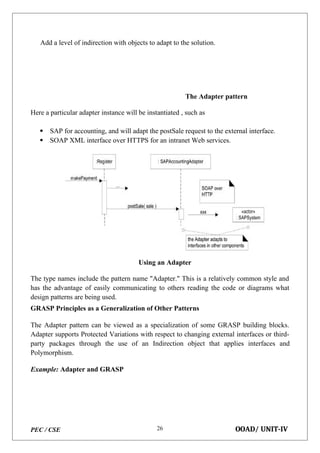 PEC / CSE OOAD/ UNIT-IV
26
Add a level of indirection with objects to adapt to the solution.
The Adapter pattern
Here a particular adapter instance will be instantiated , such as
 SAP for accounting, and will adapt the postSale request to the external interface.
 SOAP XML interface over HTTPS for an intranet Web services.
Using an Adapter
The type names include the pattern name "Adapter." This is a relatively common style and
has the advantage of easily communicating to others reading the code or diagrams what
design patterns are being used.
GRASP Principles as a Generalization of Other Patterns
The Adapter pattern can be viewed as a specialization of some GRASP building blocks.
Adapter supports Protected Variations with respect to changing external interfaces or third-
party packages through the use of an Indirection object that applies interfaces and
Polymorphism.
Example: Adapter and GRASP
 
