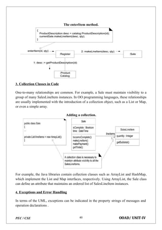 PEC / CSE OOAD/ UNIT-IV
40
The enterItem method.
3. Collection Classes in Code
One-to-many relationships are common. For example, a Sale must maintain visibility to a
group of many SalesLineItem instances. In OO programming languages, these relationships
are usually implemented with the introduction of a collection object, such as a List or Map,
or even a simple array.
Adding a collection.
For example, the Java libraries contain collection classes such as ArrayList and HashMap,
which implement the List and Map interfaces, respectively. Using ArrayList, the Sale class
can define an attribute that maintains an ordered list of SalesLineItem instances.
4. Exceptions and Error Handling
In terms of the UML, exceptions can be indicated in the property strings of messages and
operation declarations .
 
