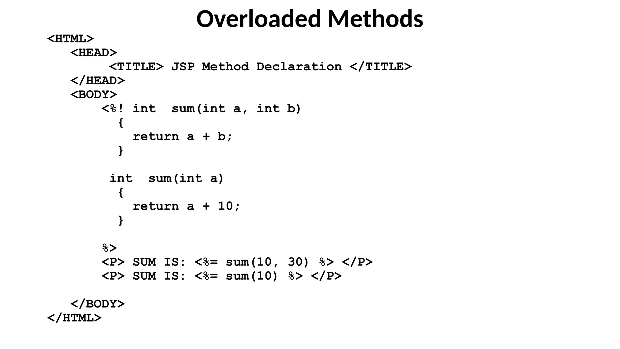 Overloaded Methods
<HTML>
<HEAD>
<TITLE> JSP Method Declaration </TITLE>
</HEAD>
<BODY>
<%! int sum(int a, int b)
{
return a + b;
}
int sum(int a)
{
return a + 10;
}
%>
<P> SUM IS: <%= sum(10, 30) %> </P>
<P> SUM IS: <%= sum(10) %> </P>
</BODY>
</HTML>
 