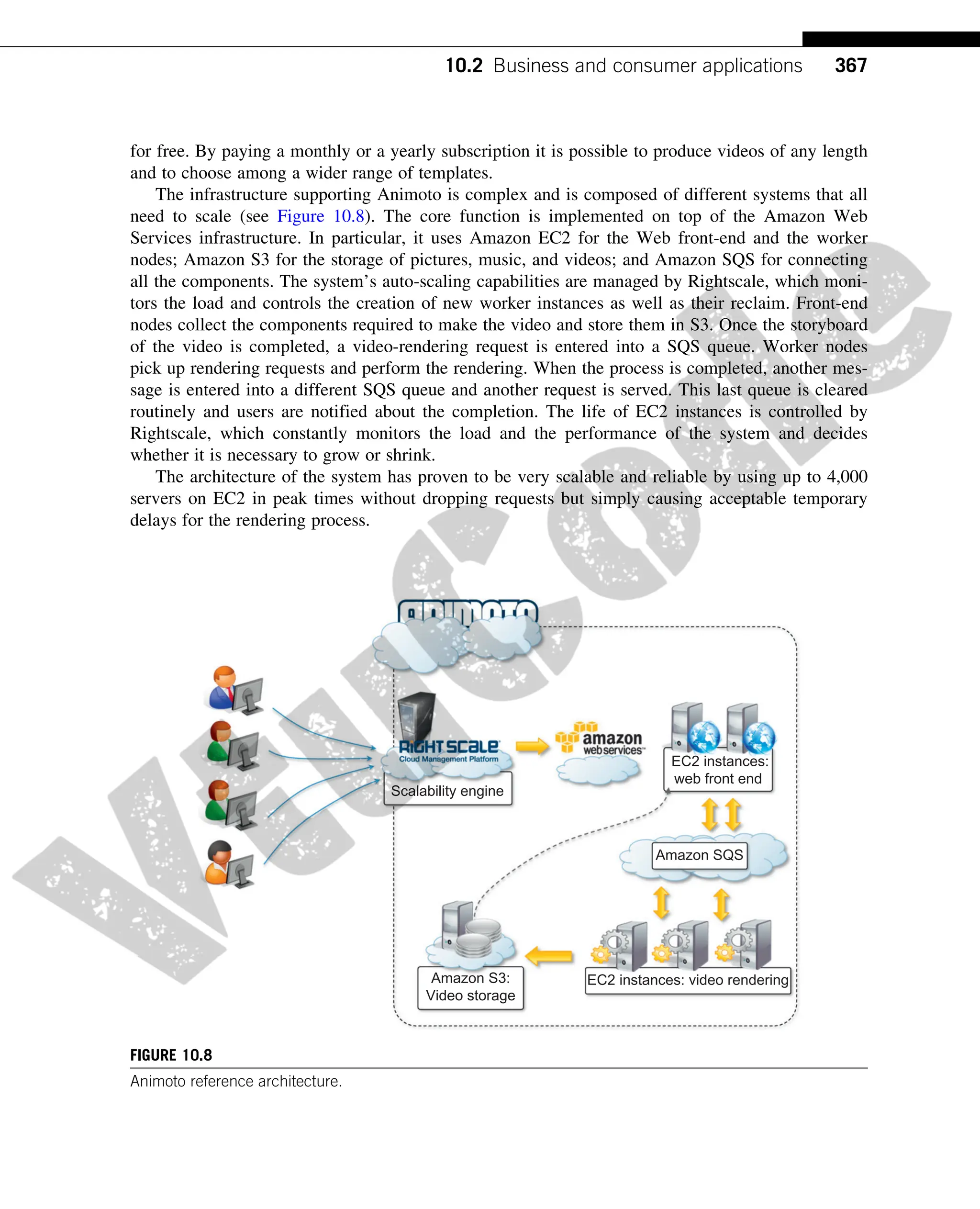 for free. By paying a monthly or a yearly subscription it is possible to produce videos of any length
and to choose among a wider range of templates.
The infrastructure supporting Animoto is complex and is composed of different systems that all
need to scale (see Figure 10.8). The core function is implemented on top of the Amazon Web
Services infrastructure. In particular, it uses Amazon EC2 for the Web front-end and the worker
nodes; Amazon S3 for the storage of pictures, music, and videos; and Amazon SQS for connecting
all the components. The system’s auto-scaling capabilities are managed by Rightscale, which moni-
tors the load and controls the creation of new worker instances as well as their reclaim. Front-end
nodes collect the components required to make the video and store them in S3. Once the storyboard
of the video is completed, a video-rendering request is entered into a SQS queue. Worker nodes
pick up rendering requests and perform the rendering. When the process is completed, another mes-
sage is entered into a different SQS queue and another request is served. This last queue is cleared
routinely and users are notified about the completion. The life of EC2 instances is controlled by
Rightscale, which constantly monitors the load and the performance of the system and decides
whether it is necessary to grow or shrink.
The architecture of the system has proven to be very scalable and reliable by using up to 4,000
servers on EC2 in peak times without dropping requests but simply causing acceptable temporary
delays for the rendering process.
Scalability engine
EC2 instances: video rendering
EC2 instances:
web front end
Amazon SQS
Amazon S3:
Video storage
FIGURE 10.8
Animoto reference architecture.
367
10.2 Business and consumer applications
 