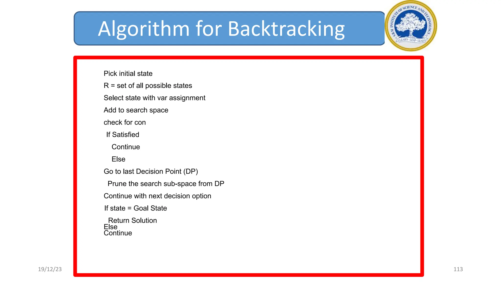 Algorithm for Backtracking
Pick initial state
R = set of all possible states
Select state with var assignment
Add to search space
check for con
If Satisfied
Continue
Else
Go to last Decision Point (DP)
Prune the search sub-space from DP
Continue with next decision option
If state = Goal State
Return Solution
Else
Continue
19/12/23 113
 