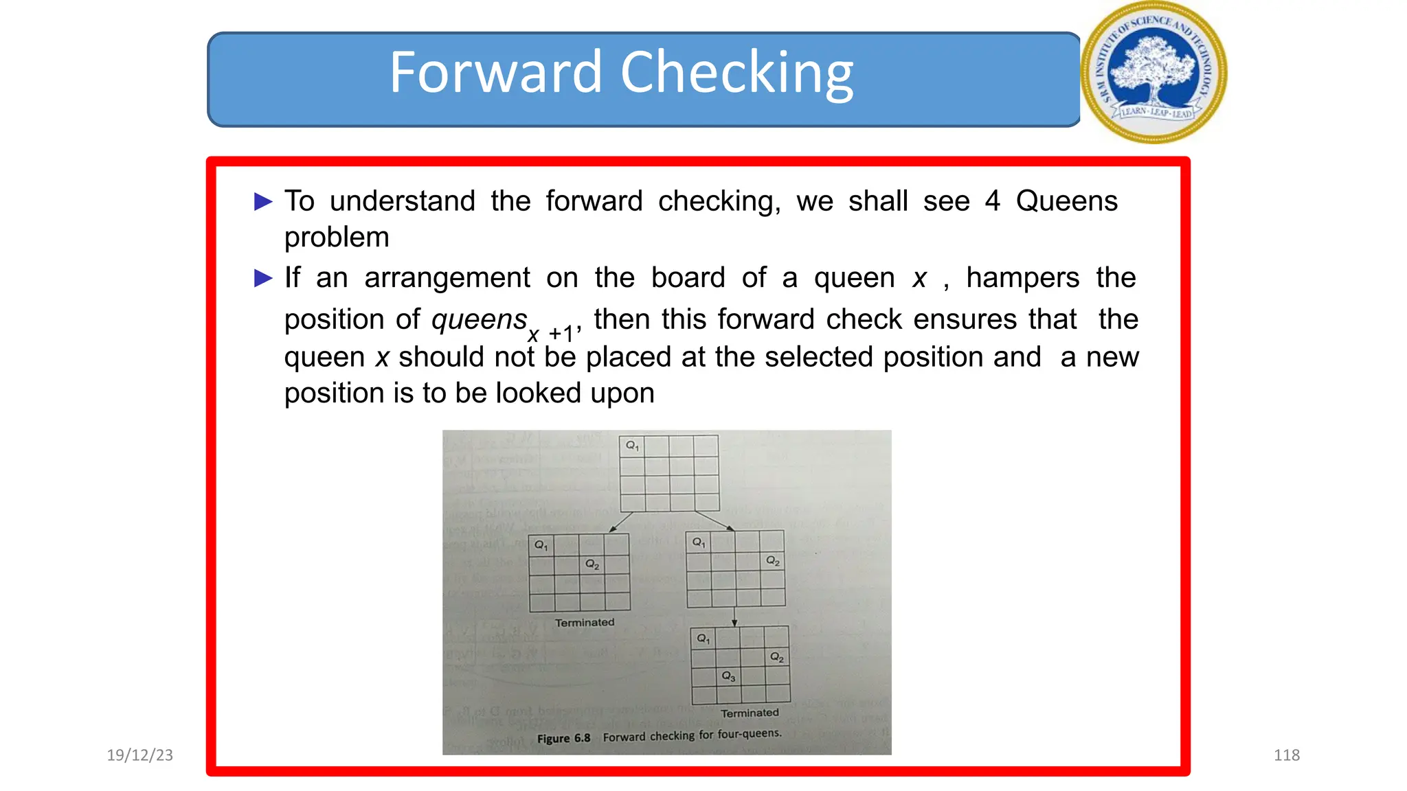 Forward Checking
► To understand the forward checking, we shall see 4 Queens
problem
► If an arrangement on the board of a queen x , hampers the
position of queensx +1
, then this forward check ensures that the
queen x should not be placed at the selected position and a new
position is to be looked upon
19/12/23 118
 
