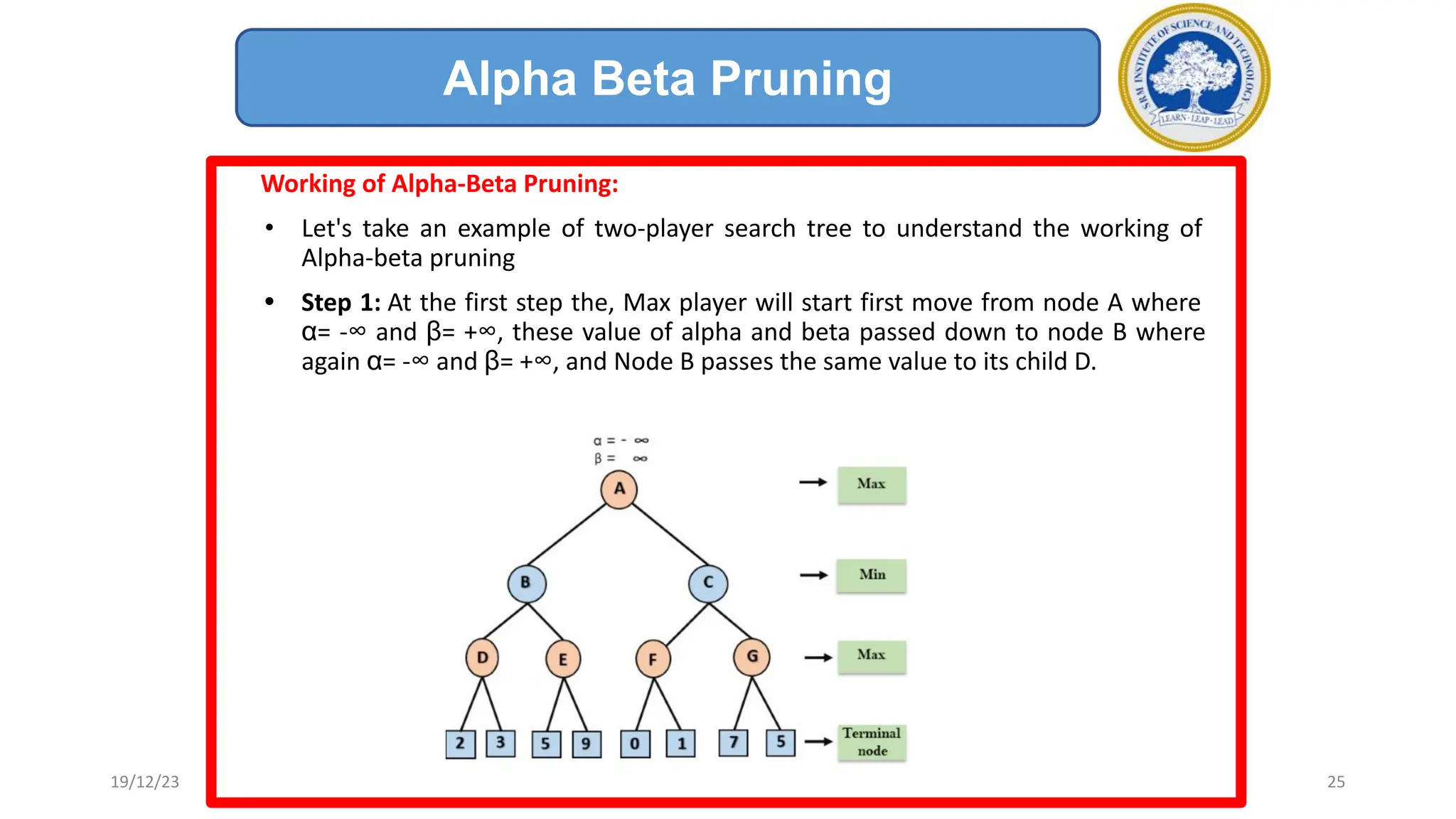 Working of Alpha-Beta Pruning:
• Let's take an example of two-player search tree to understand the working of
Alpha-beta pruning
• Step 1: At the first step the, Max player will start first move from node A where
α= -∞ and β= +∞, these value of alpha and beta passed down to node B where
again α= -∞ and β= +∞, and Node B passes the same value to its child D.
Alpha Beta Pruning
19/12/23 25
 