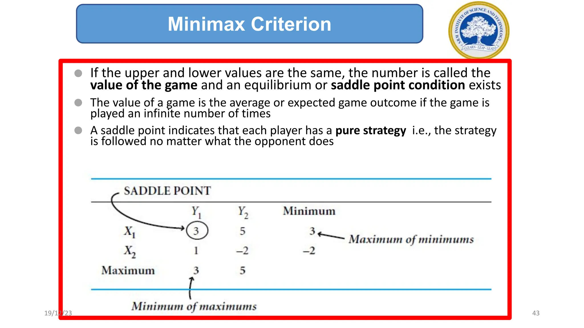⚫ If the upper and lower values are the same, the number is called the
value of the game and an equilibrium or saddle point condition exists
⚫ The value of a game is the average or expected game outcome if the game is
played an infinite number of times
⚫ A saddle point indicates that each player has a pure strategy i.e., the strategy
is followed no matter what the opponent does
Minimax Criterion
19/12/23 43
 