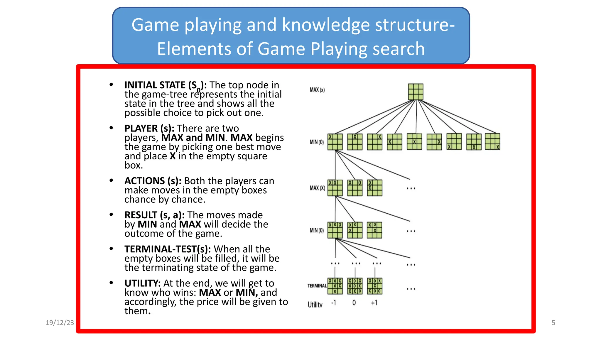 • INITIAL STATE (S0
): The top node in
the game-tree represents the initial
state in the tree and shows all the
possible choice to pick out one.
• PLAYER (s): There are two
players, MAX and MIN. MAX begins
the game by picking one best move
and place X in the empty square
box.
• ACTIONS (s): Both the players can
make moves in the empty boxes
chance by chance.
• RESULT (s, a): The moves made
by MIN and MAX will decide the
outcome of the game.
• TERMINAL-TEST(s): When all the
empty boxes will be filled, it will be
the terminating state of the game.
• UTILITY: At the end, we will get to
know who wins: MAX or MIN, and
accordingly, the price will be given to
them.
Game playing and knowledge structure-
Elements of Game Playing search
19/12/23 5
 