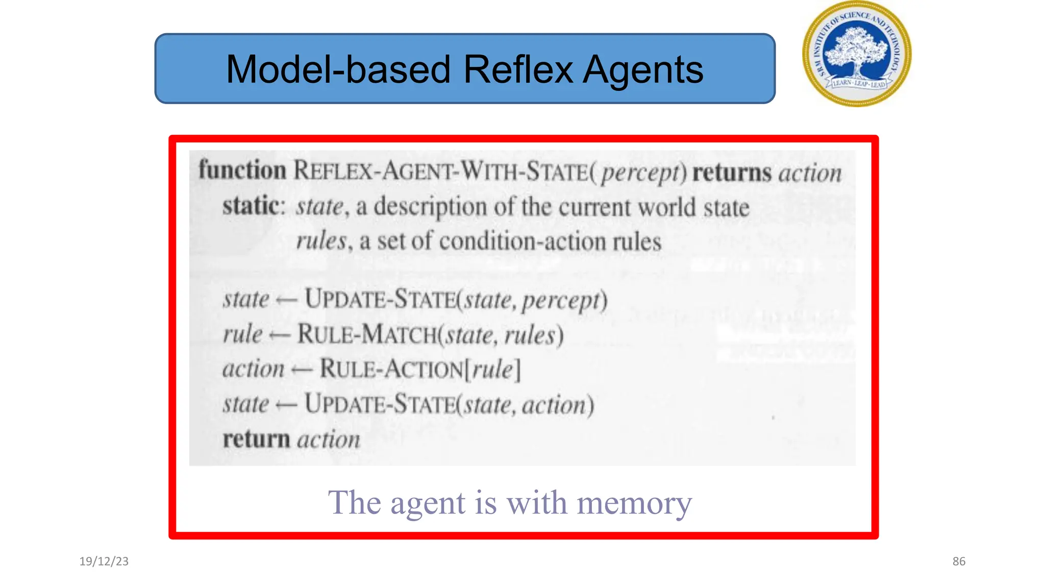 The agent is with memory
Model-based Reflex Agents
19/12/23 86
 