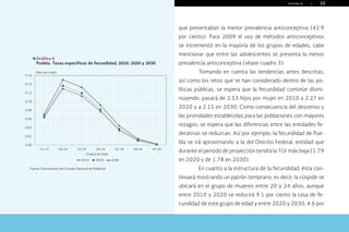 P U E B L A | 22
que presentaban la menor prevalencia anticonceptiva (42.9
por ciento). Para 2009 el uso de métodos anticonceptivos
se incrementó en la mayoría de los grupos de edades, cabe
mencionar que entre las adolescentes se presenta la menor
prevalencia anticonceptiva (véase cuadro 3).
Tomando en cuenta las tendencias antes descritas,
así como los retos que se han considerado dentro de las po-
líticas públicas, se espera que la fecundidad continúe dismi-
nuyendo: pasará de 2.53 hijos por mujer en 2010 a 2.27 en
2020 y a 2.15 en 2030. Como consecuencia del descenso y
las prioridades establecidas para las poblaciones con mayores
rezagos, se espera que las diferencias entre las entidades fe-
derativas se reduzcan. Así por ejemplo, la fecundidad de Pue-
bla se irá aproximando a la del Distrito Federal, entidad que
durante el periodo de proyección tendrá la TGF más baja (1.79
en 2020 y de 1.78 en 2030).
En cuanto a la estructura de la fecundidad, ésta con-
tinuará mostrando un patrón temprano, es decir, la cúspide se
ubicará en el grupo de mujeres entre 20 y 24 años, aunque
entre 2010 y 2020 se reducirá 9.1 por ciento la tasa de fe-
cundidad de este grupo de edad y entre 2020 y 2030, 4.6 por
Gráfica 6
Puebla. Tasas específicas de fecundidad, 2010, 2020 y 2030
0.00
0.02
0.04
0.06
0.08
0.10
0.12
0.14
0.16
15-19 20-24 25-29 30-34 35-39 40-44 45-49
2010 2020 2030
Hijos por mujer
Grupos de edad
Fuente: Estimaciones del Consejo Nacional de Población.
menú
Inicio Índice Índice gráficos La planeación... Conocimiento... Construcción... Retos presentes... Bibliografía Créditos
Salir
 
